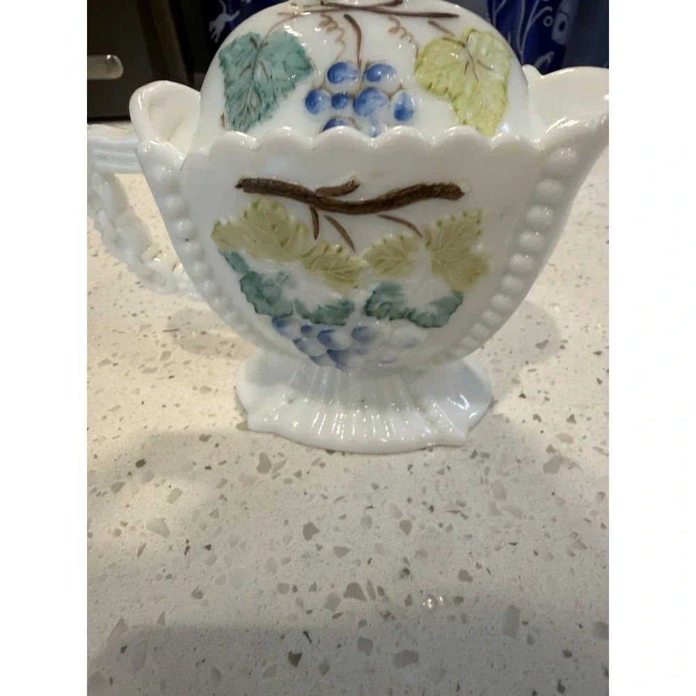 Westmoreland Milk Glass Beaded Painted Grape Cherry Covered Creamer Mid Century